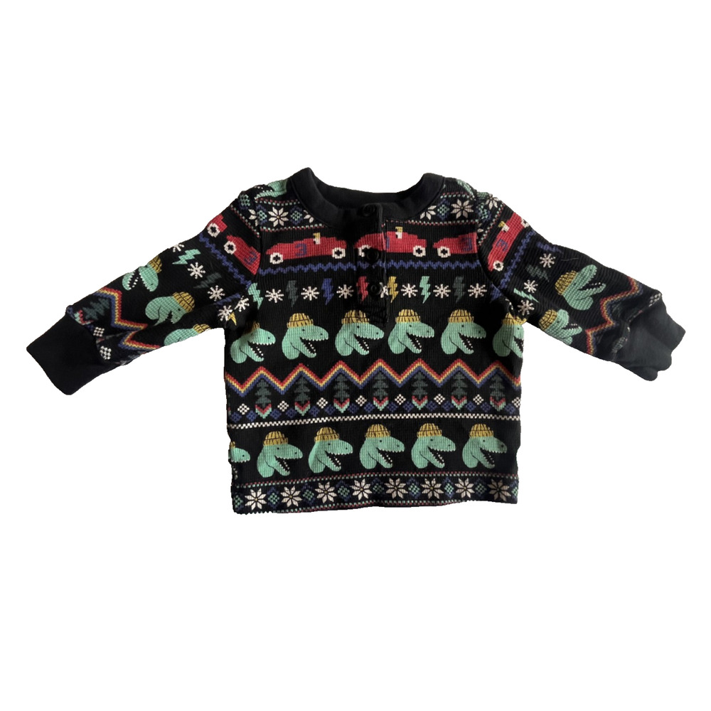Hannah Anderson Long Sleeve 3 Button Shirt Black Dinosaurs Race Cars Size 3-6 mo